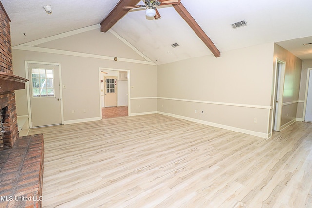 unfurnished living room with ceiling fan, light wood-style flooring, a fireplace, and baseboards