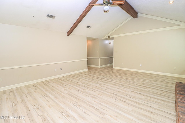 empty room with ceiling fan, light wood-type flooring, and baseboards