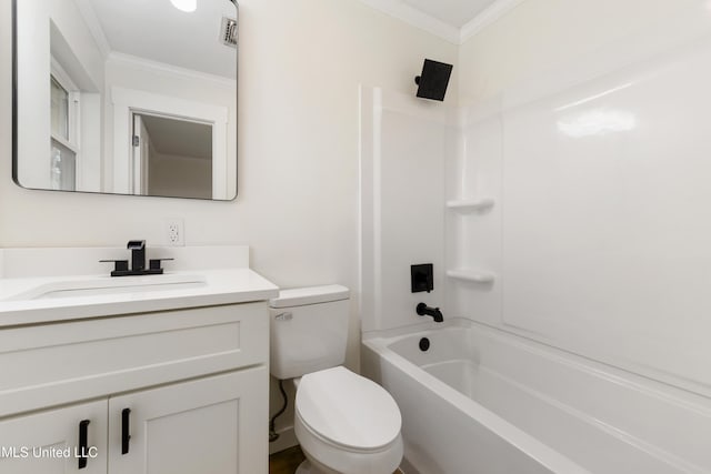 bathroom featuring ornamental molding,  shower combination, vanity, and toilet