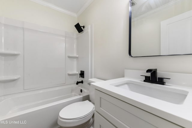 full bathroom featuring tub / shower combination, crown molding, vanity, and toilet