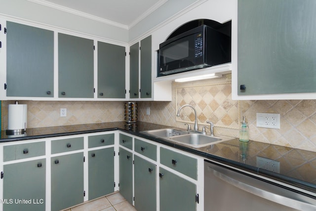 kitchen featuring black microwave, light tile patterned floors, a sink, stainless steel dishwasher, and crown molding