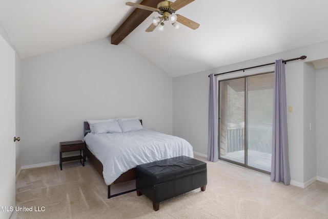 bedroom with baseboards, a ceiling fan, light colored carpet, lofted ceiling with beams, and access to exterior