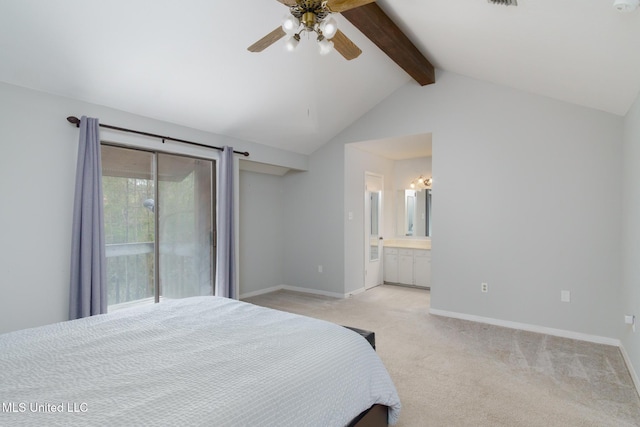 bedroom featuring light carpet, baseboards, connected bathroom, and vaulted ceiling with beams