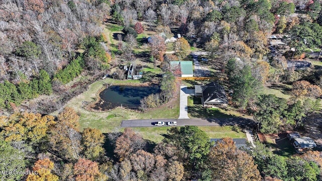 bird's eye view with a wooded view