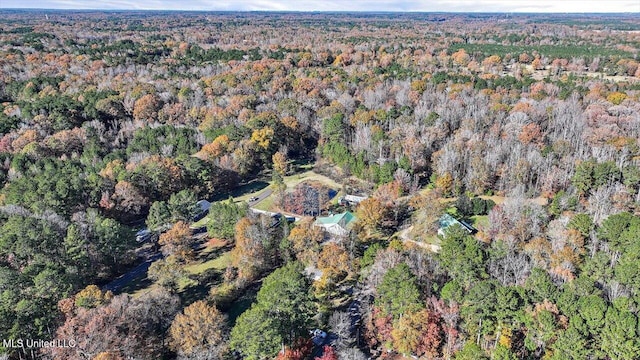 bird's eye view with a wooded view