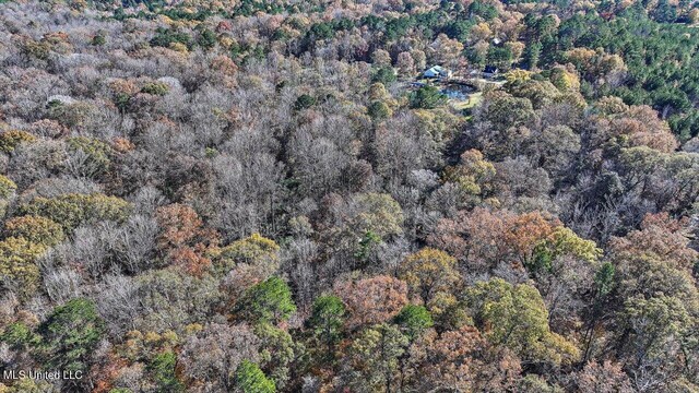 drone / aerial view featuring a forest view