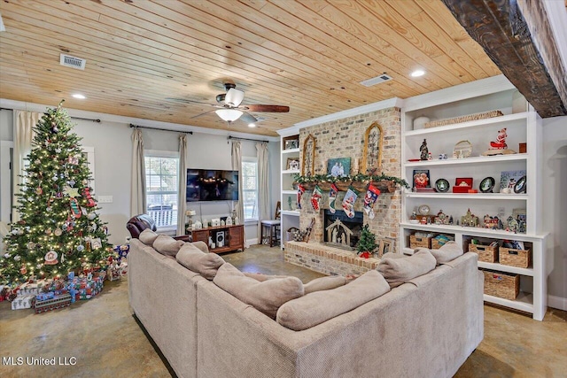 living room featuring built in features, a fireplace, visible vents, finished concrete floors, and wooden ceiling