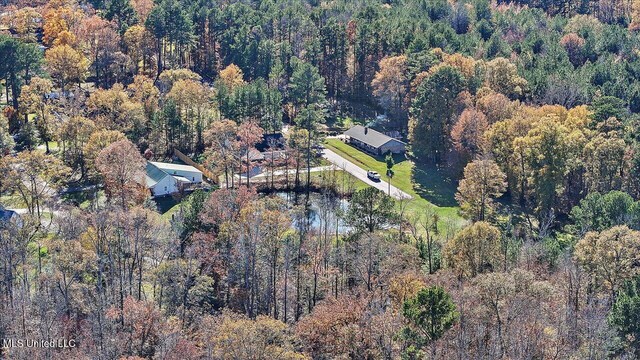 bird's eye view with a wooded view