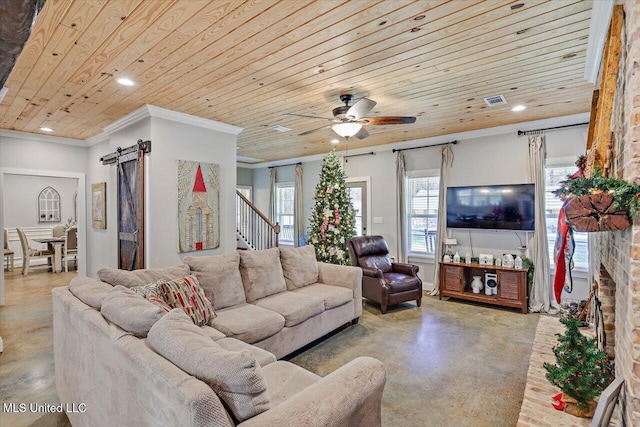 living room with recessed lighting, wood ceiling, concrete floors, and a barn door