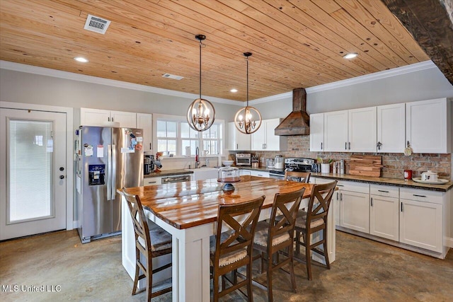 kitchen featuring tasteful backsplash, wooden ceiling, wood counters, custom exhaust hood, and stainless steel appliances