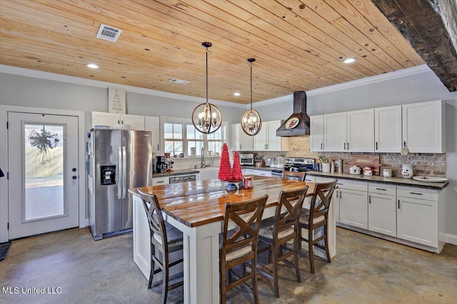 kitchen with stainless steel appliances, wood ceiling, white cabinets, custom exhaust hood, and tasteful backsplash