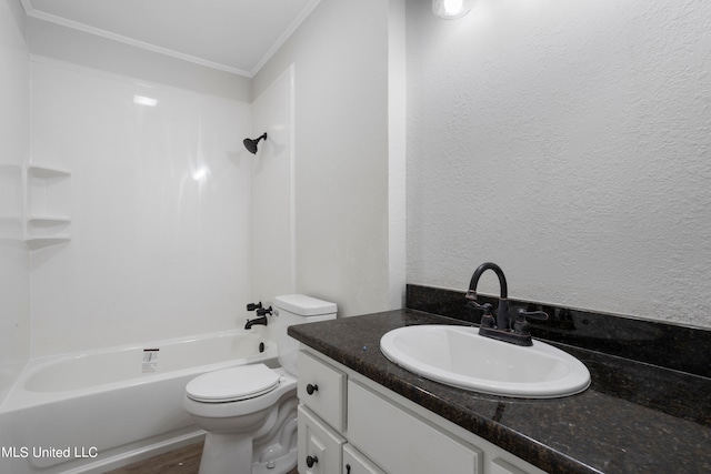 full bathroom with shower / bathing tub combination, toilet, vanity, crown molding, and hardwood / wood-style flooring