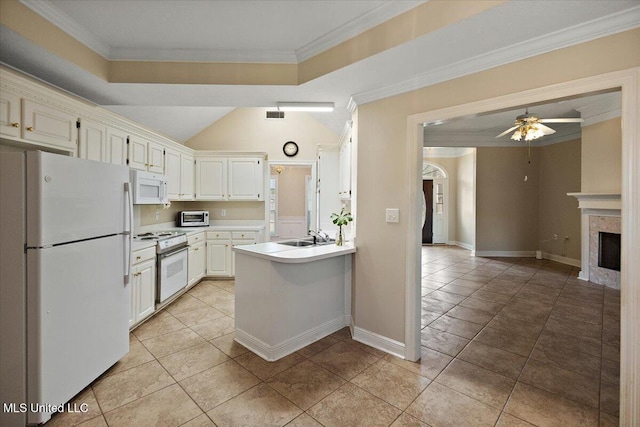 104 Willington Way, Madison, MS 39110 - kitchen featuring white appliances, arched walkways, ceiling fan, crown molding, and light countertops