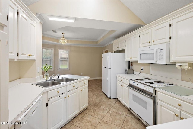104 Willington Way, Madison, MS 39110 - kitchen featuring white appliances, ornamental molding, white cabinetry, and a tray ceiling