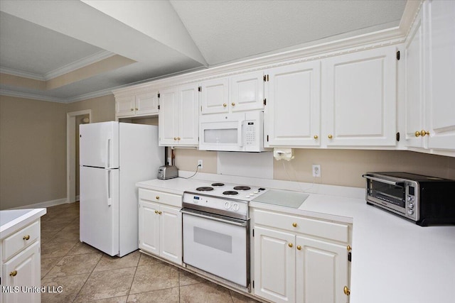 104 Willington Way, Madison, MS 39110 - kitchen featuring white appliances, light countertops, white cabinets, crown molding, and a tray ceiling