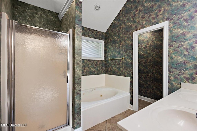 104 Willington Way, Madison, MS 39110 - bathroom featuring a stall shower, a garden tub, tile patterned floors, and wallpapered walls