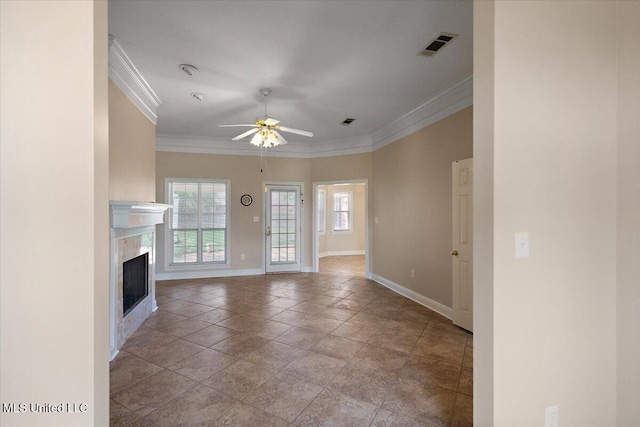 104 Willington Way, Madison, MS 39110 - unfurnished living room featuring crown molding, ceiling fan, and a premium fireplace
