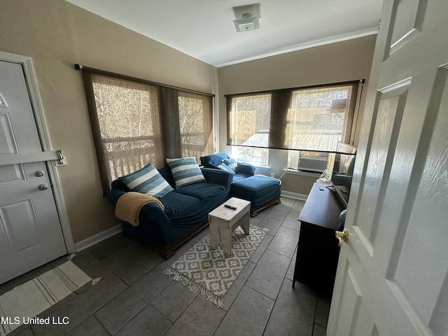 living area featuring baseboards and crown molding