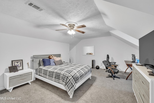112 Rolling Meadows Dr, Jackson, MS 39211 - bedroom featuring light colored carpet, vaulted ceiling, a textured ceiling, ceiling fan, and an office area