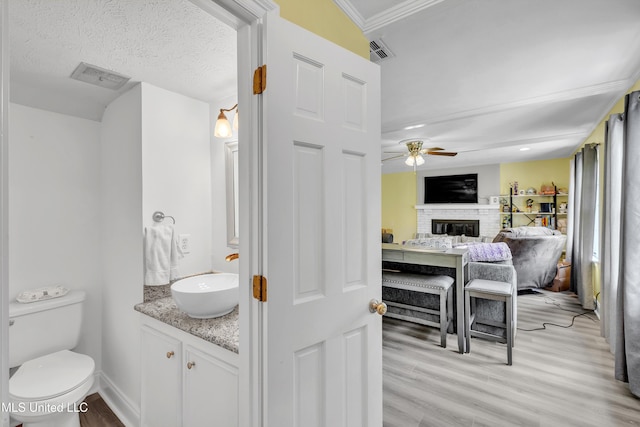 112 Rolling Meadows Dr, Jackson, MS 39211 - bathroom with vanity, wood finished floors, a fireplace, toilet, and a ceiling fan