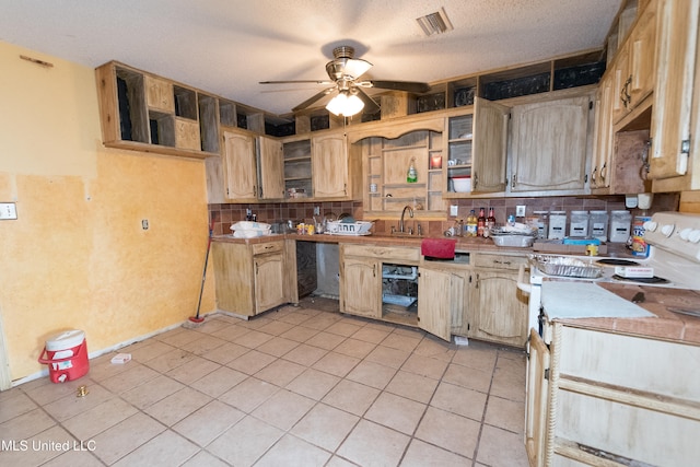 kitchen featuring ceiling fan, tasteful backsplash, white electric stove, and light tile patterned floors