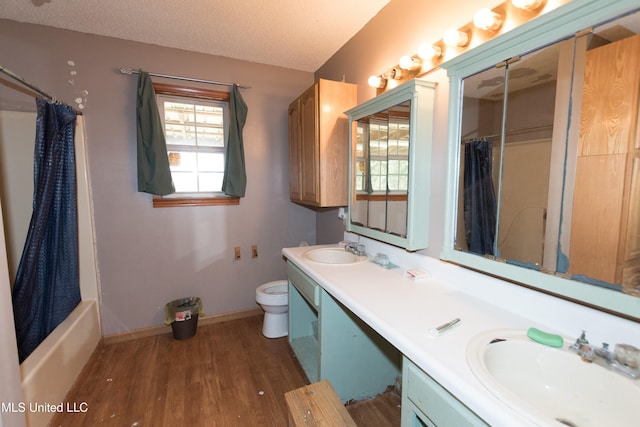 full bathroom with vanity, a textured ceiling, wood-type flooring, and toilet