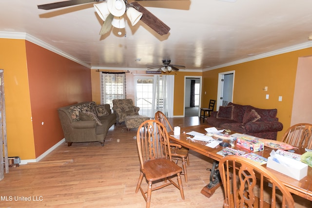 dining area with crown molding, light hardwood / wood-style flooring, and ceiling fan