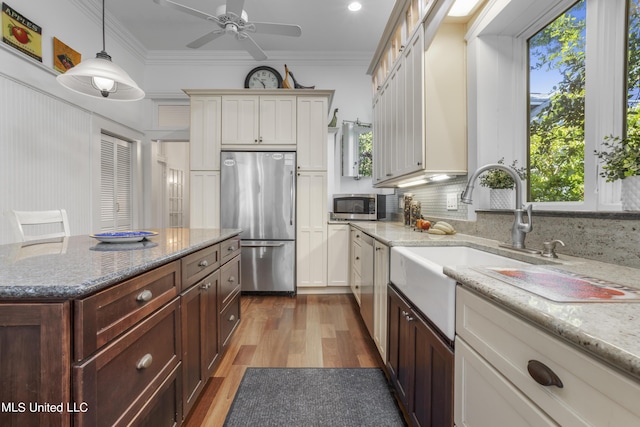 kitchen featuring plenty of natural light, a sink, light wood-type flooring, and stainless steel appliances