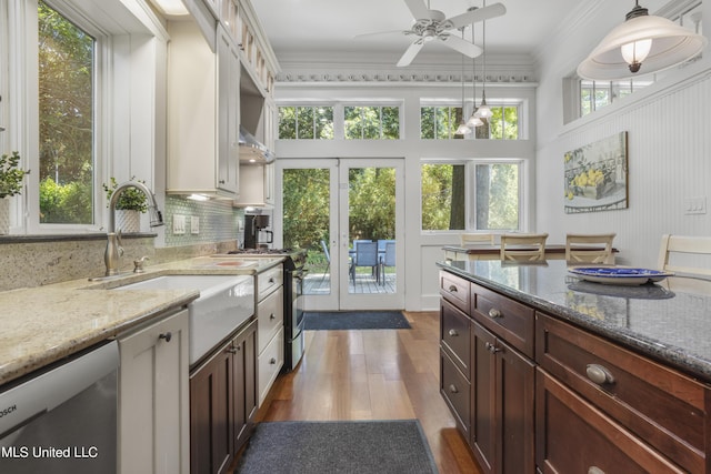 kitchen with wood finished floors, light stone countertops, ceiling fan, decorative light fixtures, and stainless steel appliances