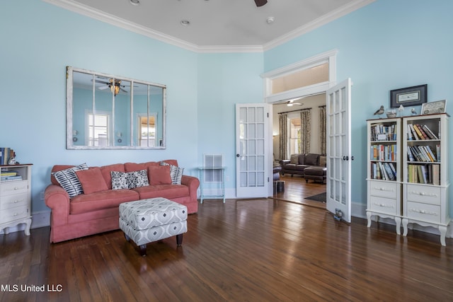 living room featuring a ceiling fan, plenty of natural light, french doors, and hardwood / wood-style flooring