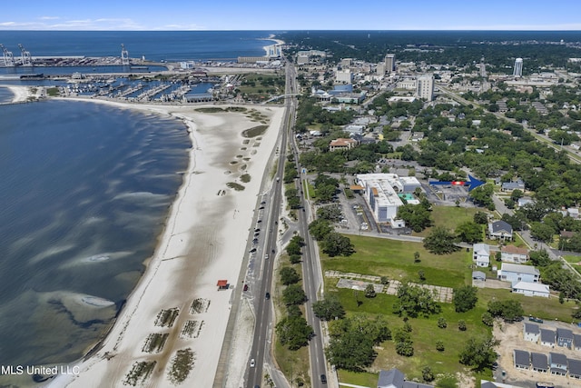 bird's eye view featuring a city view and a water view