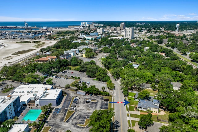 bird's eye view with a water view