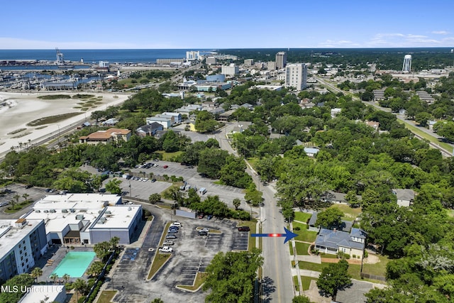 aerial view with a water view and a city view
