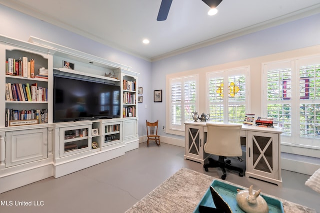 office with crown molding, a healthy amount of sunlight, and concrete flooring