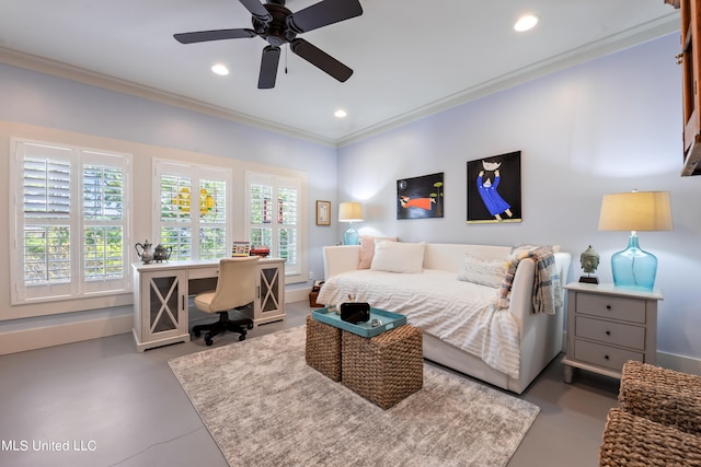 bedroom with ceiling fan, ornamental molding, and concrete floors