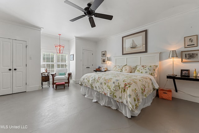 bedroom with ceiling fan, crown molding, and concrete flooring