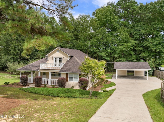 view of front of property featuring covered porch, a front yard, and a carport