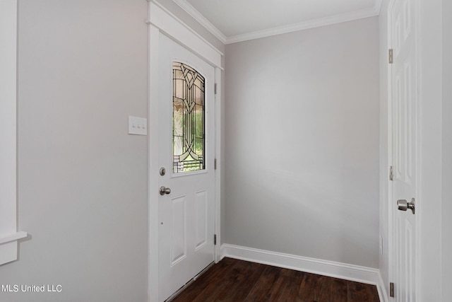 doorway to outside featuring crown molding and dark hardwood / wood-style flooring