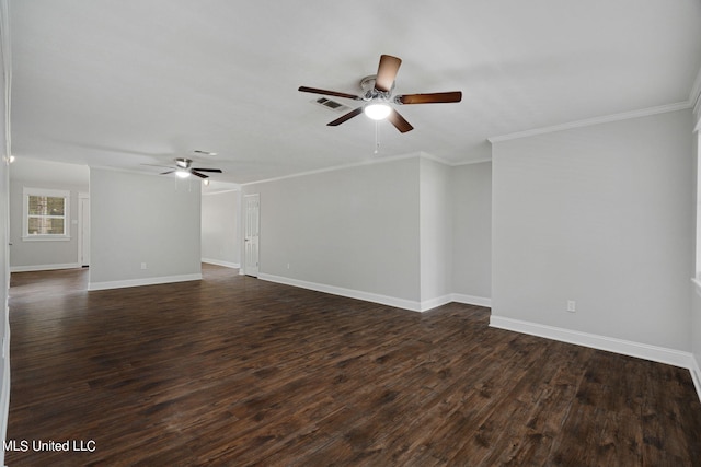 unfurnished room with dark wood-type flooring, ceiling fan, and ornamental molding