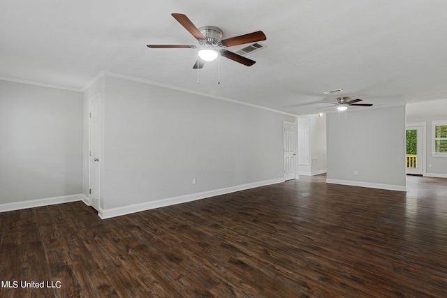 unfurnished living room with ornamental molding, dark hardwood / wood-style floors, and ceiling fan