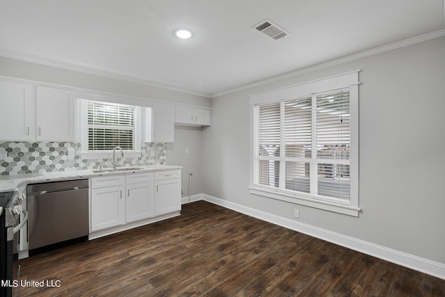 kitchen featuring dark hardwood / wood-style floors, sink, white cabinets, appliances with stainless steel finishes, and light stone counters