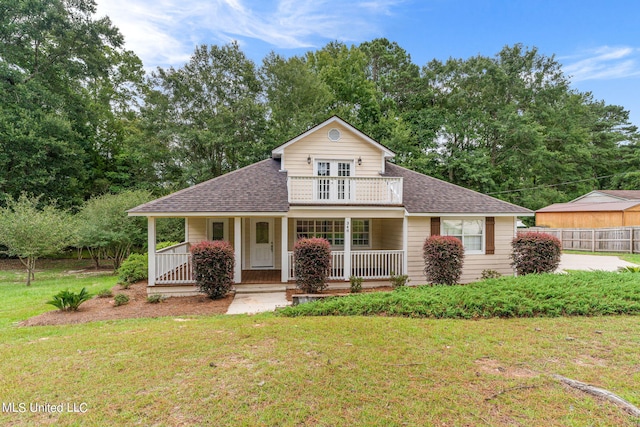 farmhouse inspired home with covered porch and a front lawn