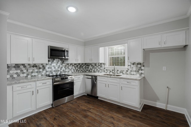 kitchen with sink, dark wood-type flooring, white cabinets, and stainless steel appliances