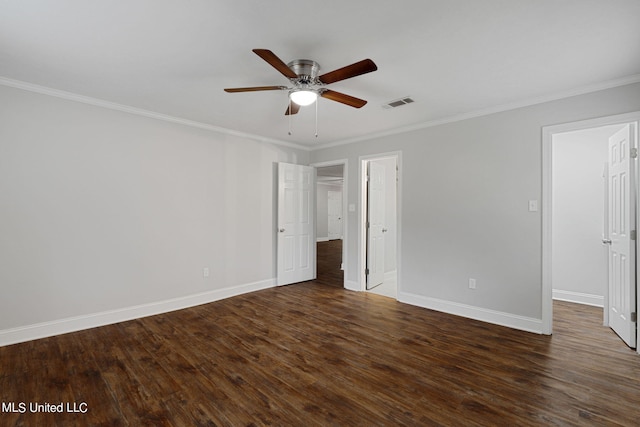 interior space with crown molding, dark hardwood / wood-style floors, and ceiling fan