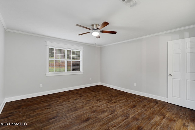 unfurnished room featuring crown molding, dark hardwood / wood-style flooring, and ceiling fan