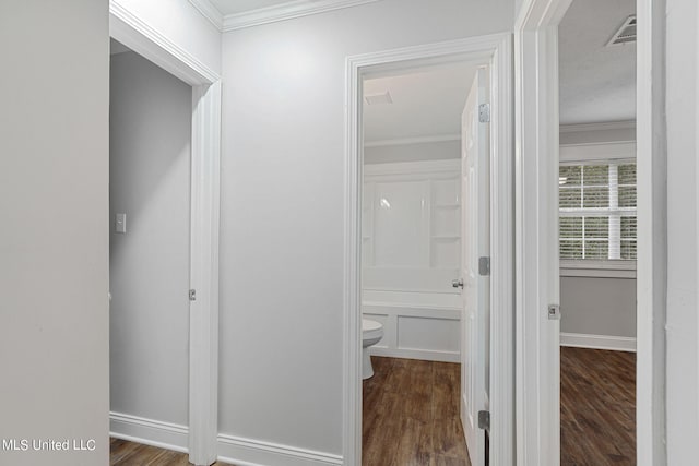 hallway featuring dark wood-type flooring and crown molding