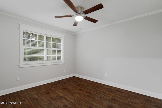 empty room featuring ceiling fan, hardwood / wood-style flooring, and ornamental molding