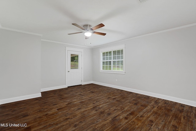 empty room with dark wood-type flooring, crown molding, and ceiling fan