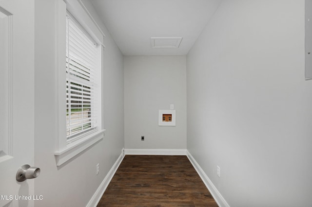 clothes washing area with electric dryer hookup, hookup for a washing machine, and dark hardwood / wood-style floors