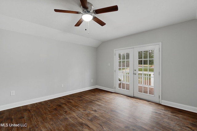 unfurnished room with french doors, ceiling fan, lofted ceiling, and dark hardwood / wood-style floors